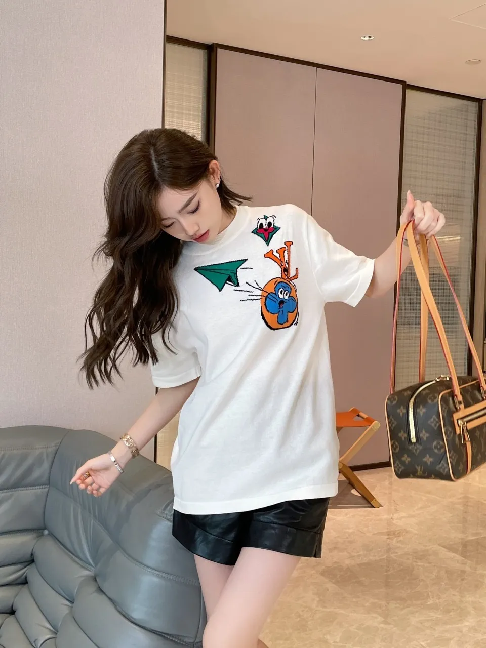 Louis Vuitton/Louis Vuitton cartoon paper airplane jacquard knitted short sleeves